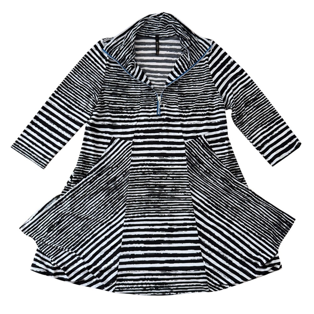 Black White Abstract Stripe 1/2 Zip Flare Tunic Top S Pockets USA Made Artwear